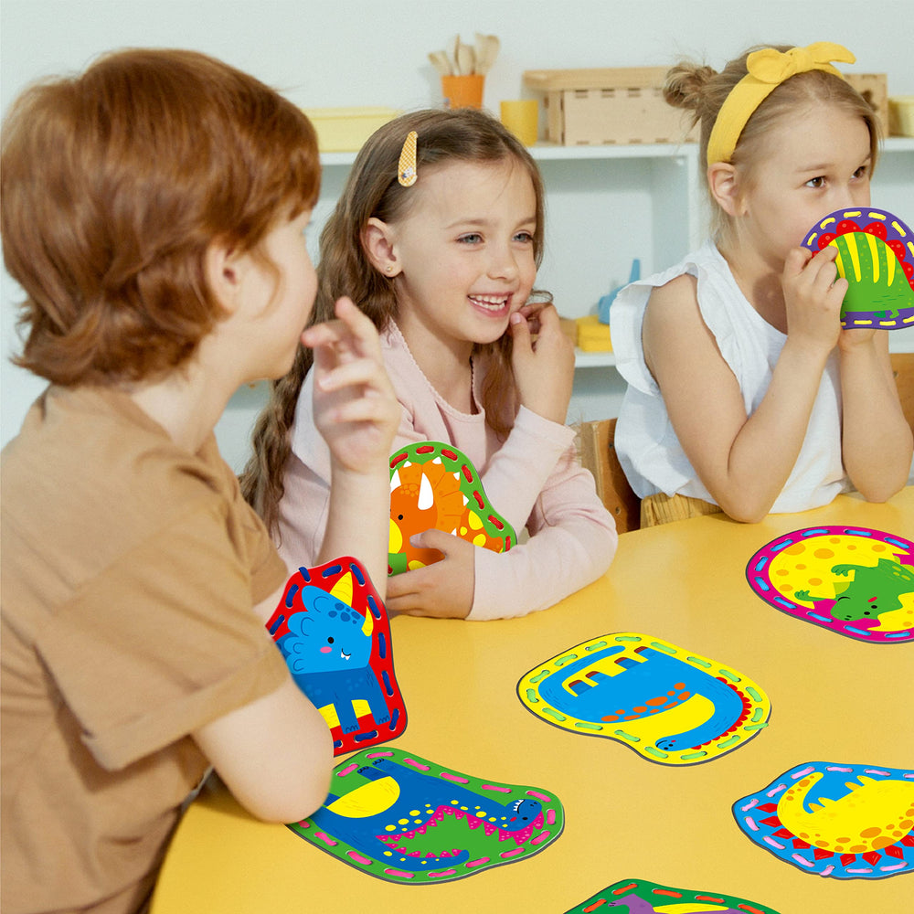 SpriteGru lacing card Velociraptor enhances fine motor precision in crafting play.