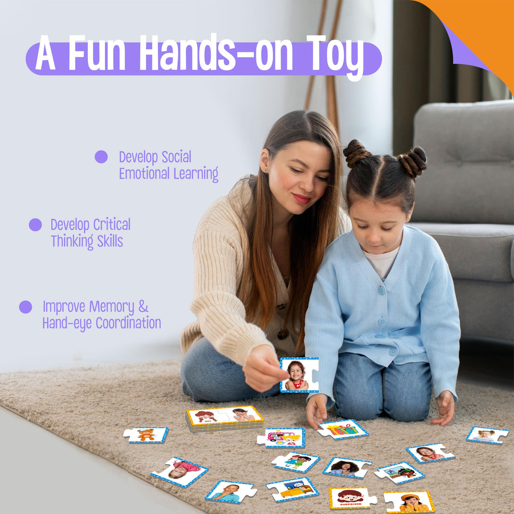 SpriteGru Feelings & Emotions Puzzle Cards back card design shows relatable scenarios.