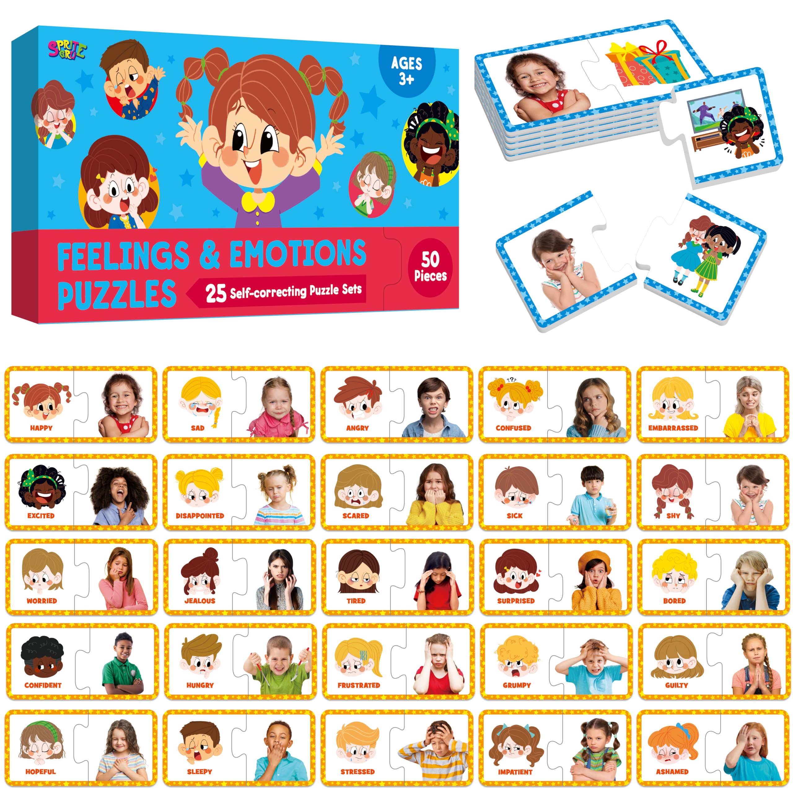 SpriteGru Feelings & Emotions Puzzle Cards box front highlights mood learning for kids.