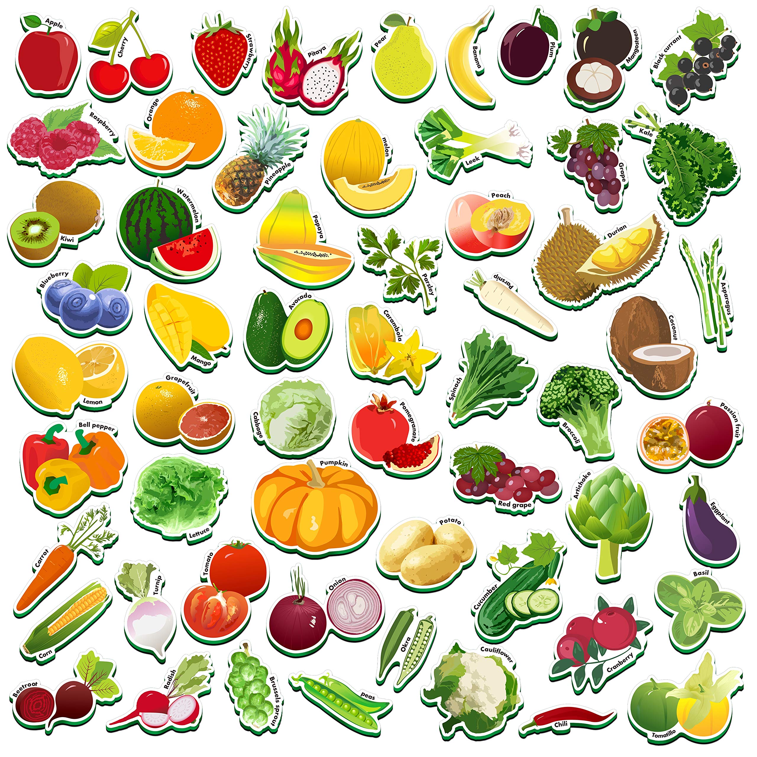 SpriteGru fruits and vegetables magnets for toddlers on fridge, engaging learning through play.