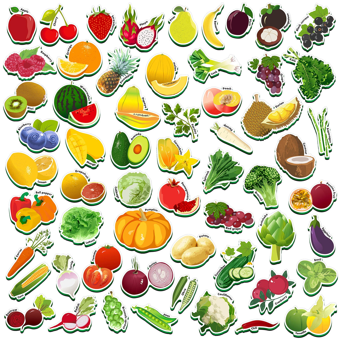 SpriteGru fruits and vegetables magnets for toddlers on fridge, engaging learning through play.