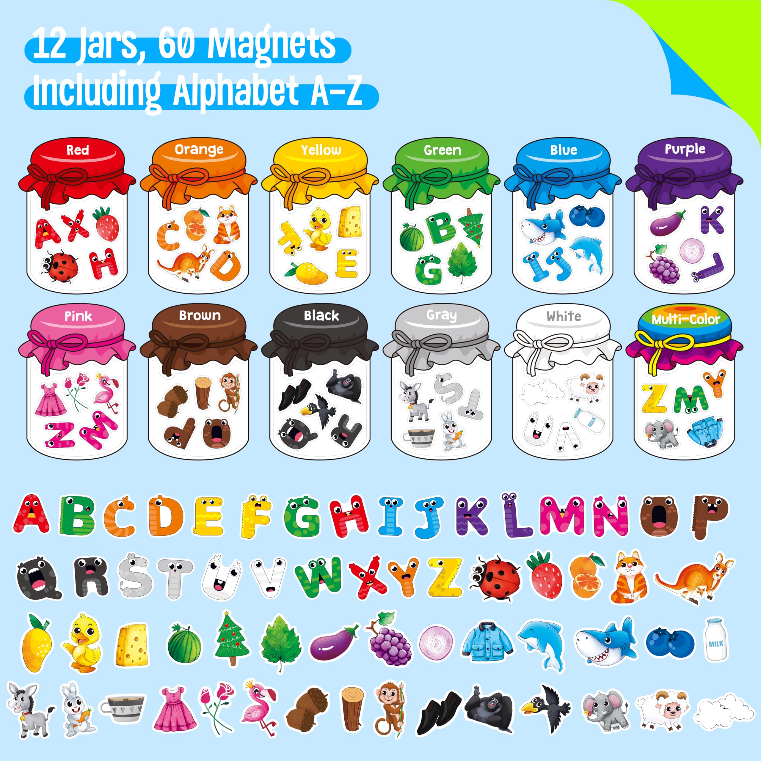 SpriteGru illustrated magnets featuring animals, clothing, and food to boost recognition