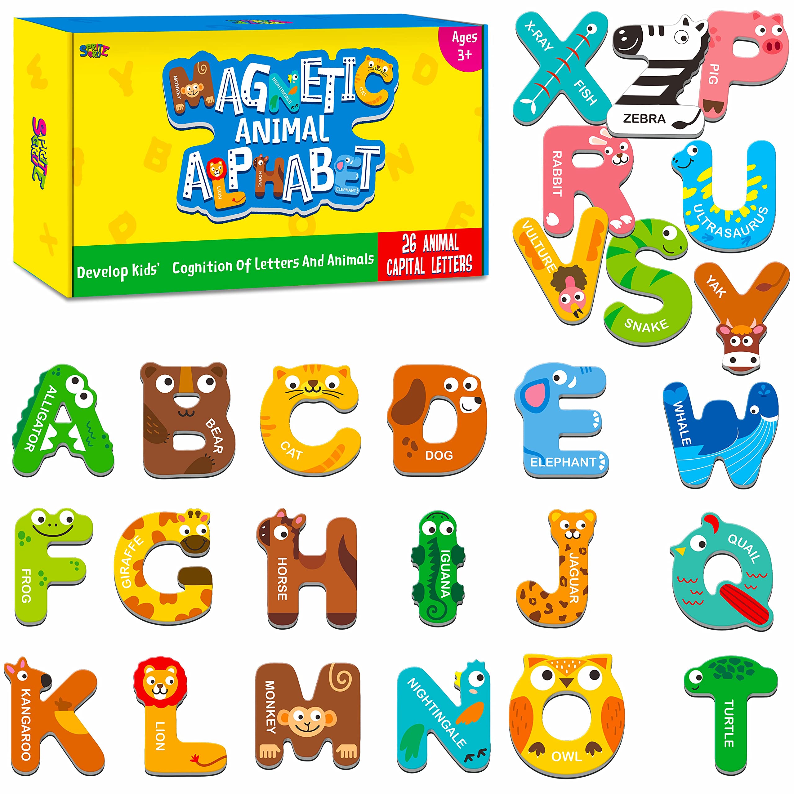 SpriteGru large magnetic letters with animals for fridge play and letter recognition.