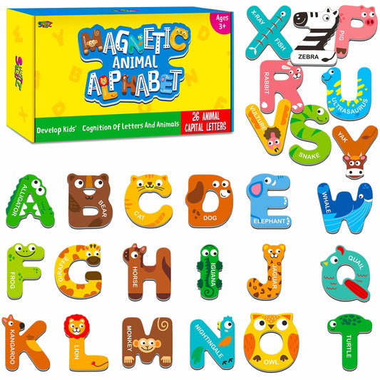 SpriteGru large magnetic letters with animals for fridge play and letter recognition.