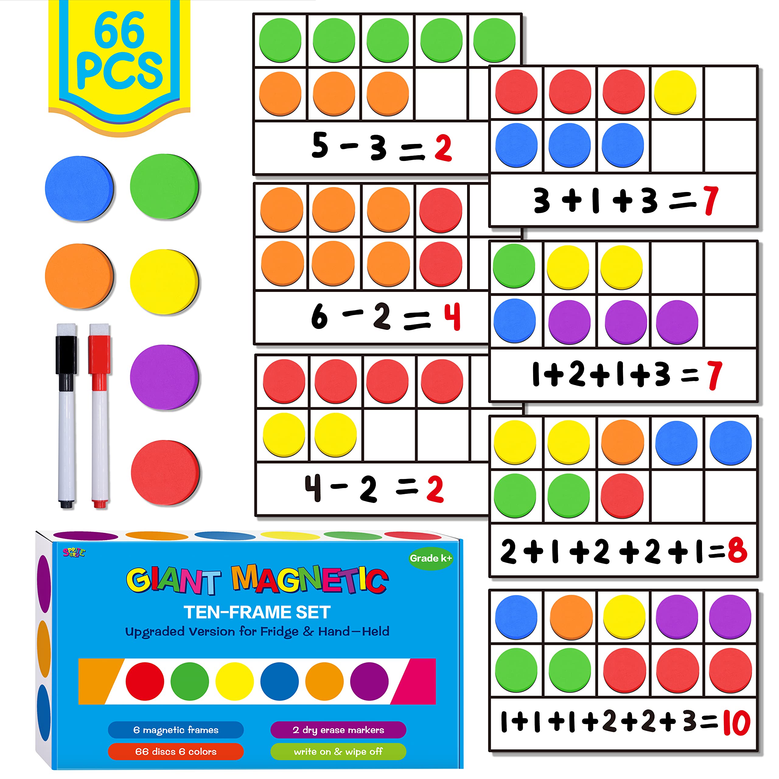 SpriteGru magnetic ten-frame set on a fridge for classroom demonstrations.