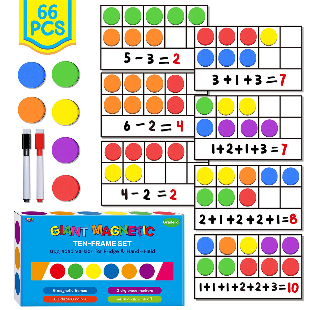 SpriteGru magnetic ten-frame set on a fridge for classroom demonstrations.