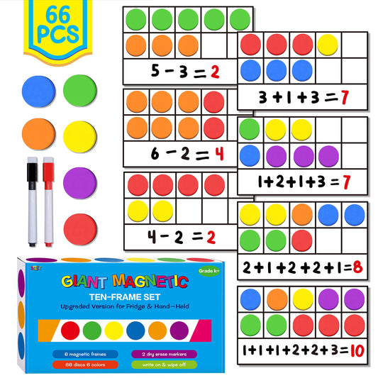 SpriteGru magnetic ten-frame set on a fridge for classroom demonstrations.