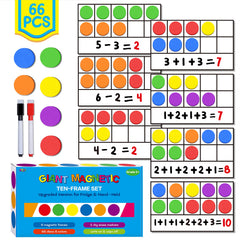 SpriteGru magnetic ten-frame set on a fridge for classroom demonstrations.
