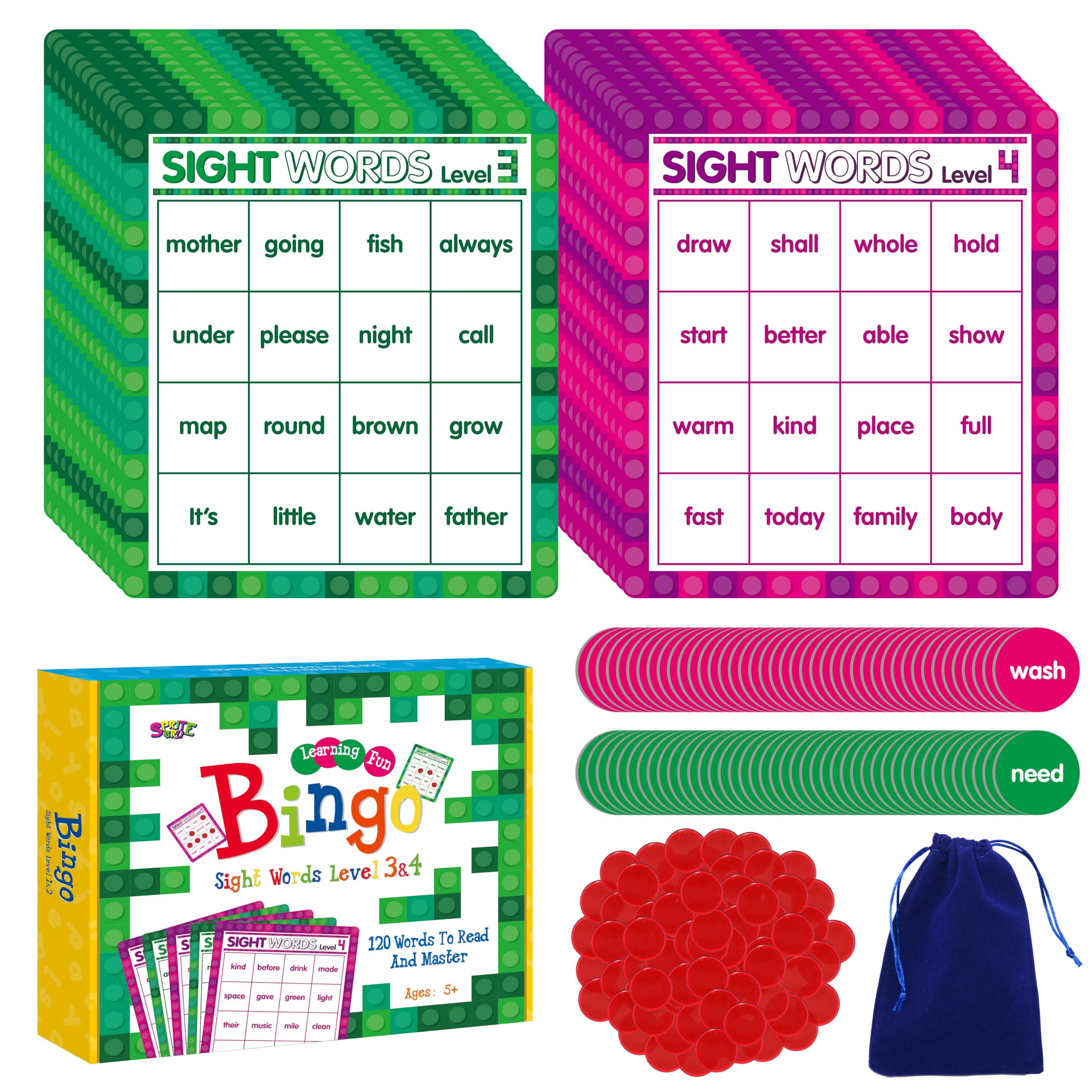 SpriteGru Sight Word Bingo boards for Level 3 green set, ideal for group reading practice.