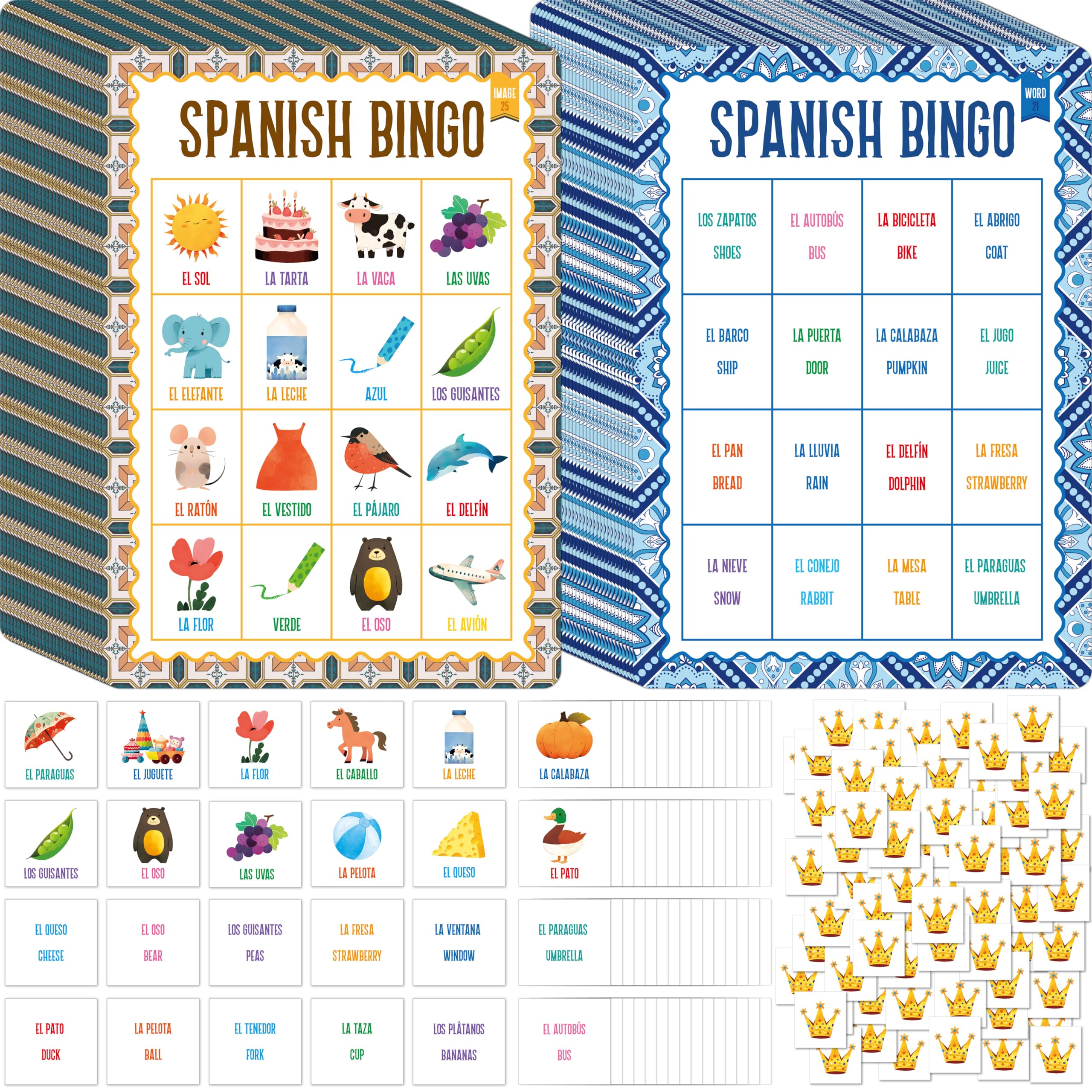 SpriteGru Spanish Bingo Game board set shows 25 boards for classroom practice.