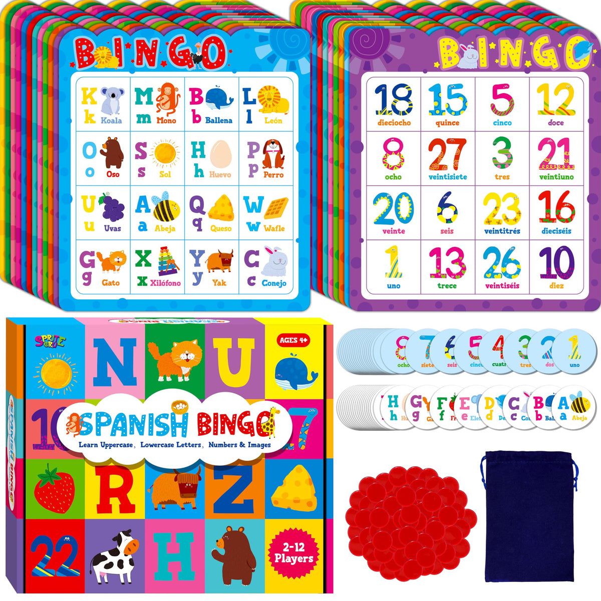 SpriteGru Spanish bingo board with colorful letters and numbers for early learning.