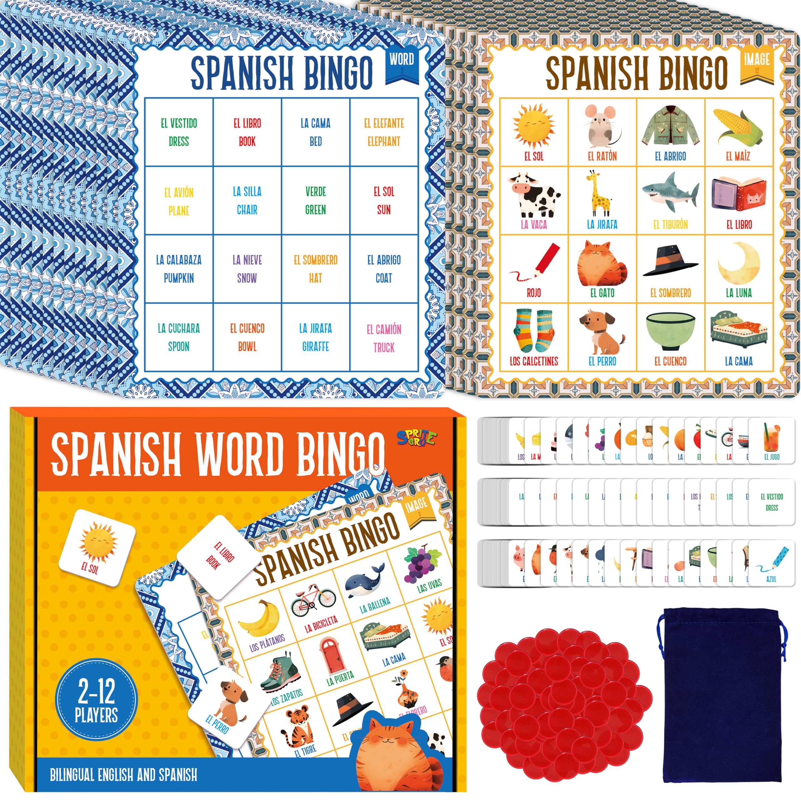SpriteGru Spanish bingo board double-sided supports bilingual vocabulary learning.