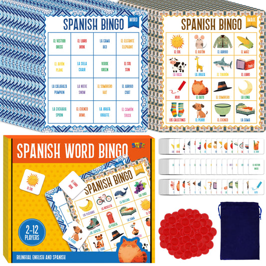 SpriteGru Spanish bingo board double-sided supports bilingual vocabulary learning.