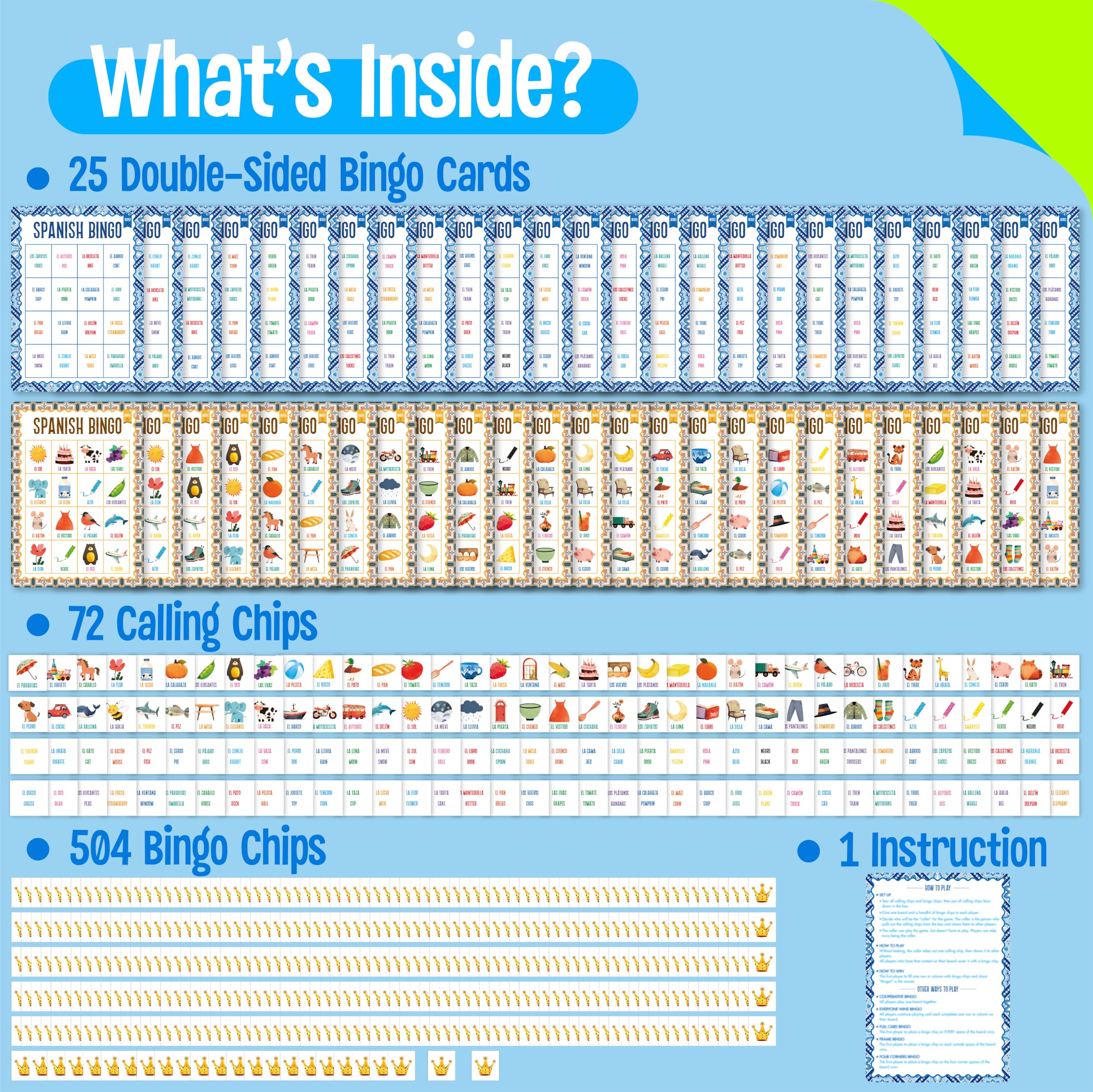 SpriteGru Spanish Bingo Game calling chips ready for fast, engaging group play.