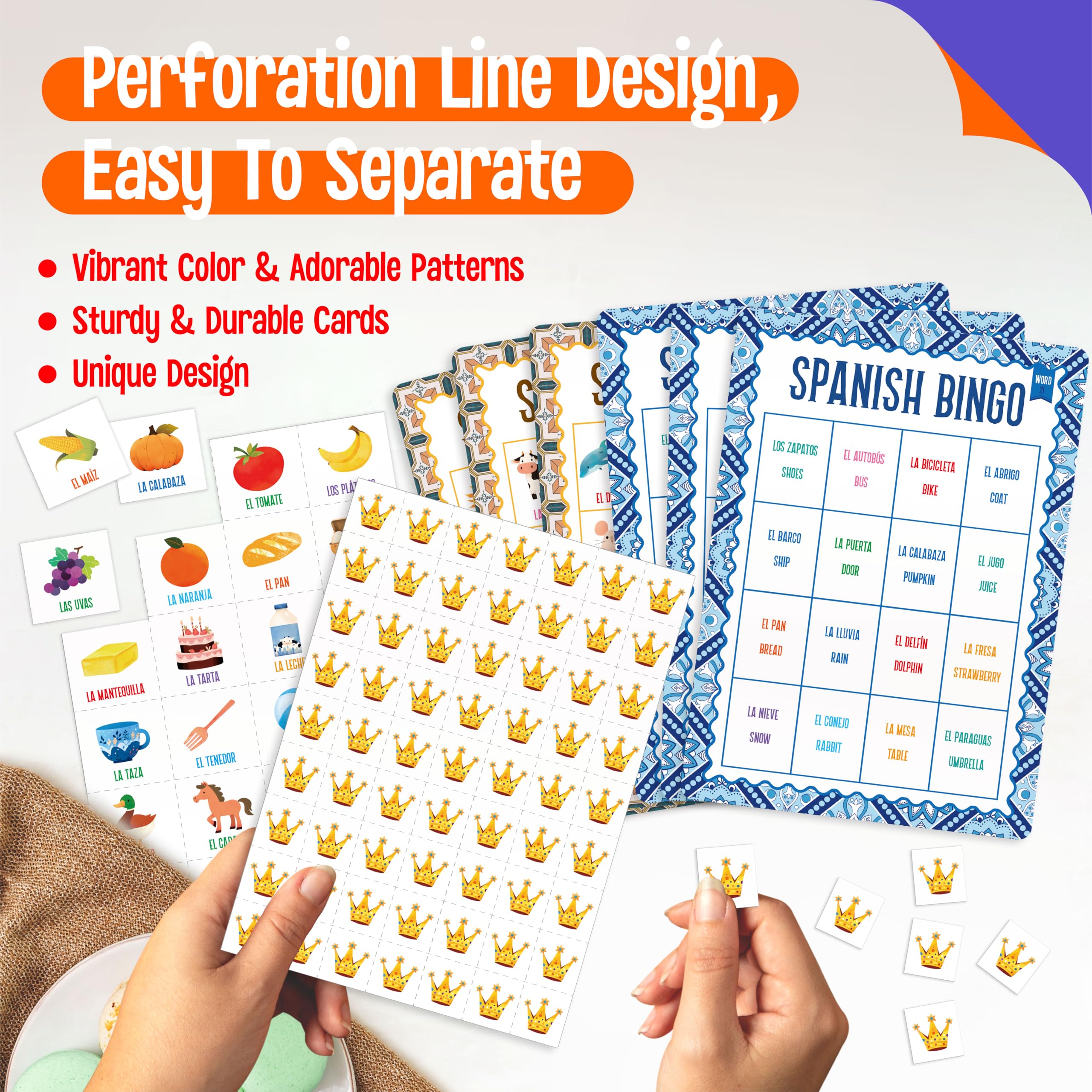 SpriteGru Spanish Bingo Game double-sided boards with images and words to learn.
