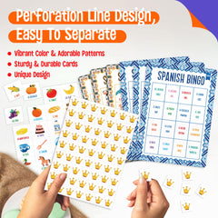 SpriteGru Spanish Bingo Game double-sided boards with images and words to learn.