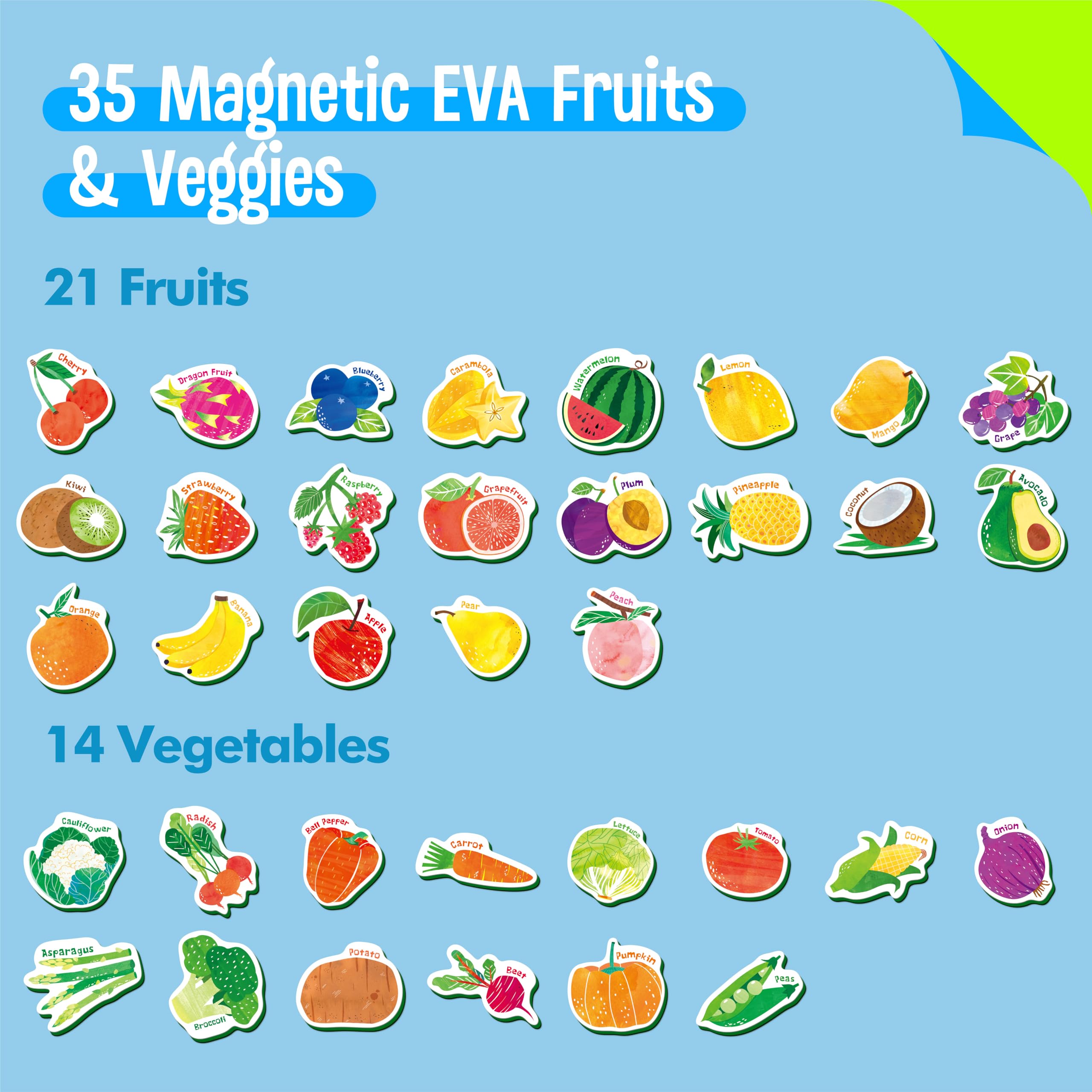 SpriteGru vegetable magnets collection on fridge supports shape recognition and healthy eating themes