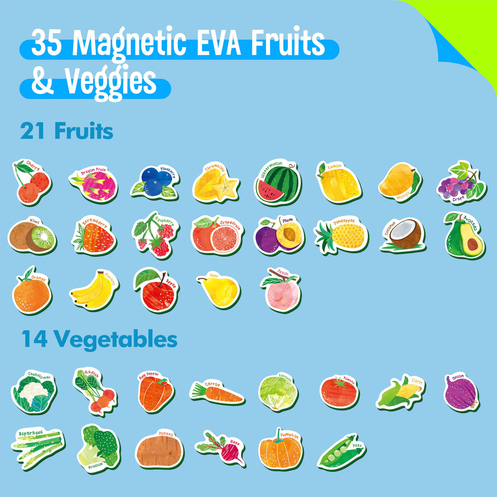 SpriteGru vegetable magnets collection on fridge supports shape recognition and healthy eating themes