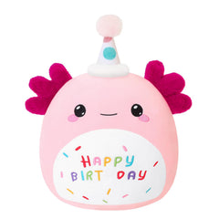 SQEQE axolotl birthday hat front view plush, perfect party decor and cuddly gift.