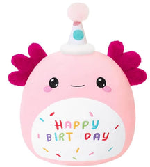SQEQE Happy Birthday Axolotl Plush front view, soft cuddle buddy for celebrations.