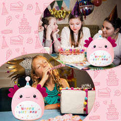 SQEQE Happy Birthday Axolotl Plush on sofa, cute home decor accent.