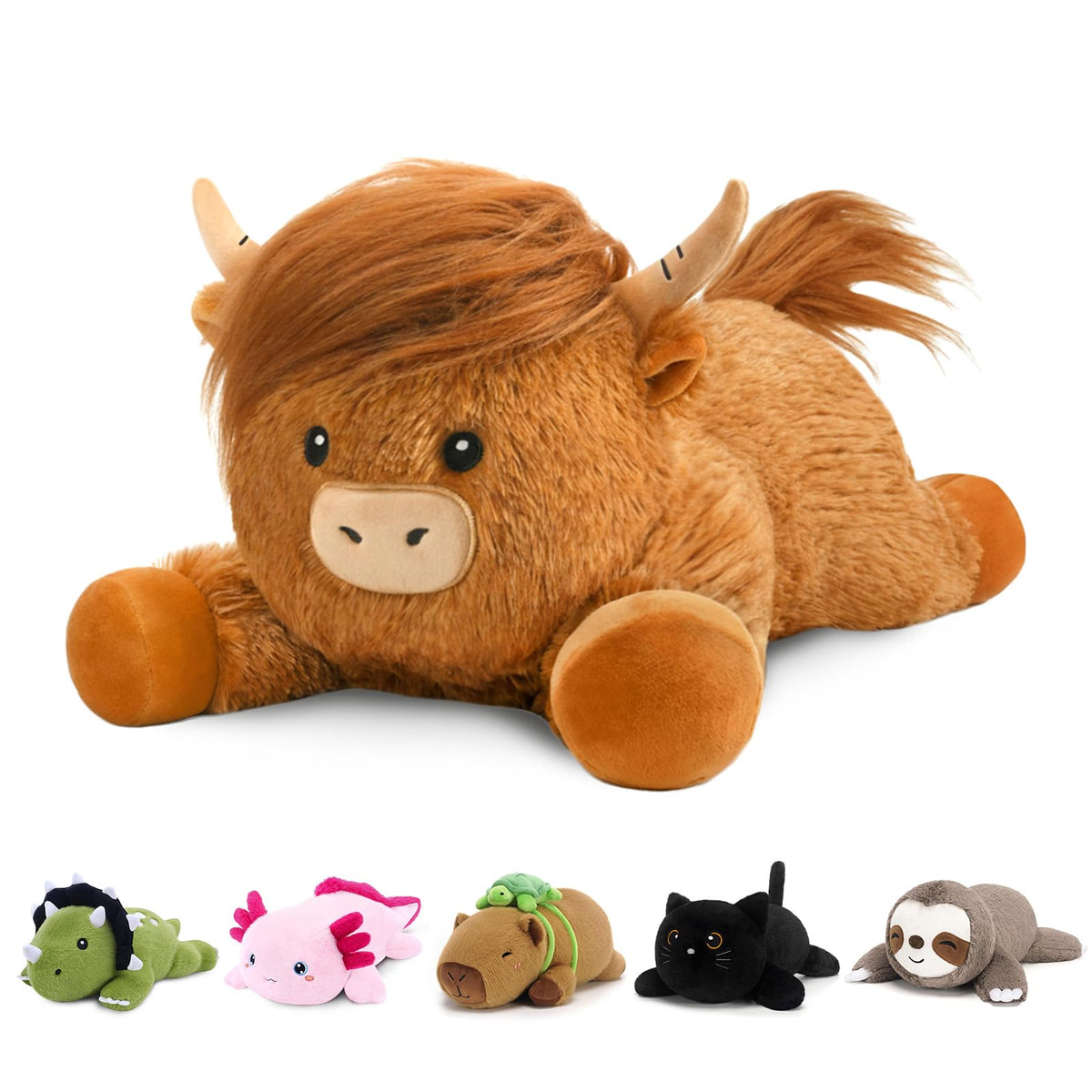 SQEQE Highland Cow plush front view with embroidered eyes for safe hugs