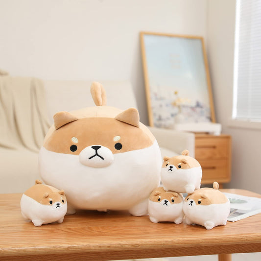 SQEQE Shiba Inu plush showing four baby pups inside the belly for storytelling.