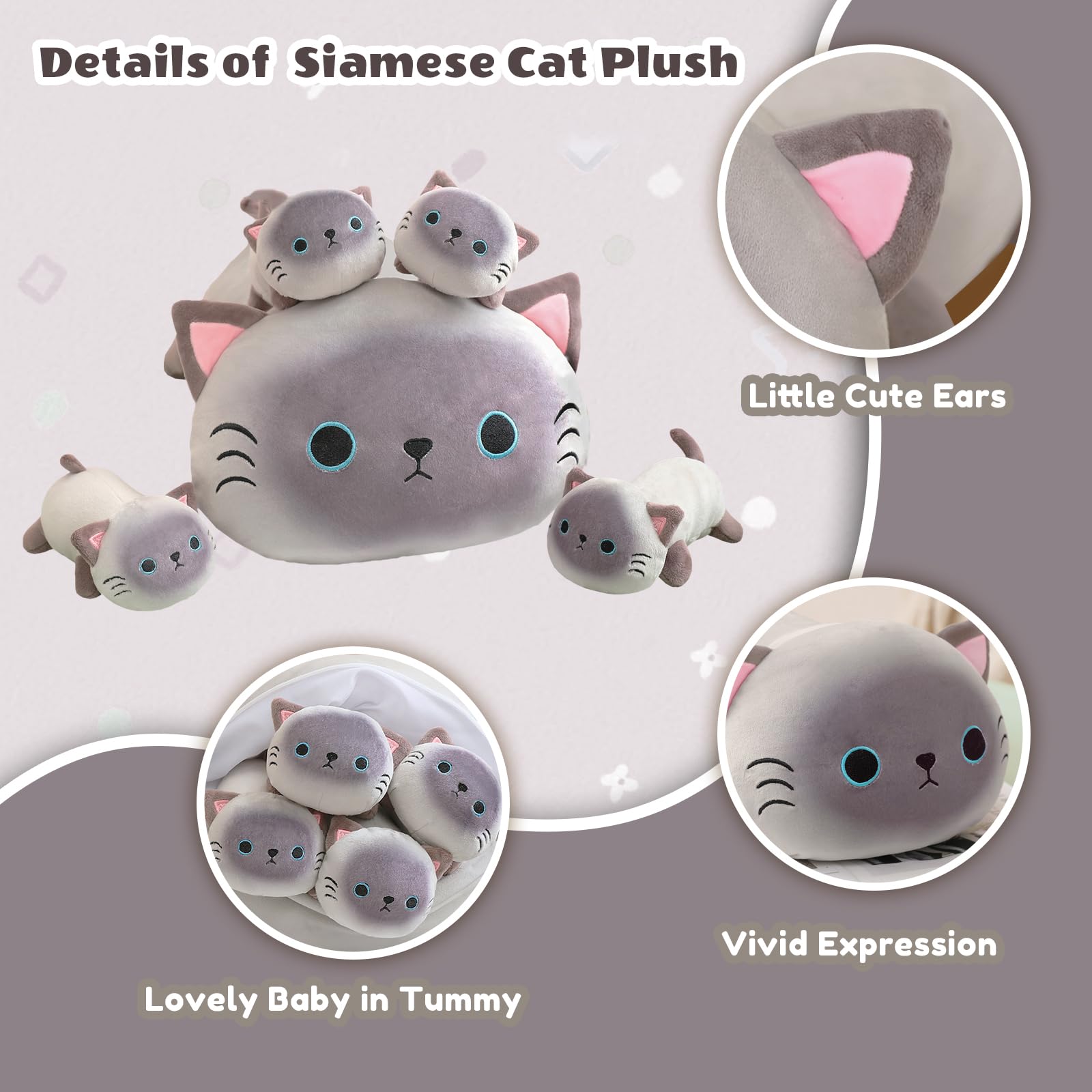 SQEQE Siamese Cat Plush belly zipper shows four removable baby kittens for interactive fun