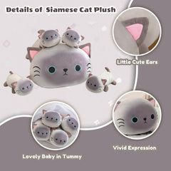 SQEQE Siamese Cat Plush belly zipper shows four removable baby kittens for interactive fun