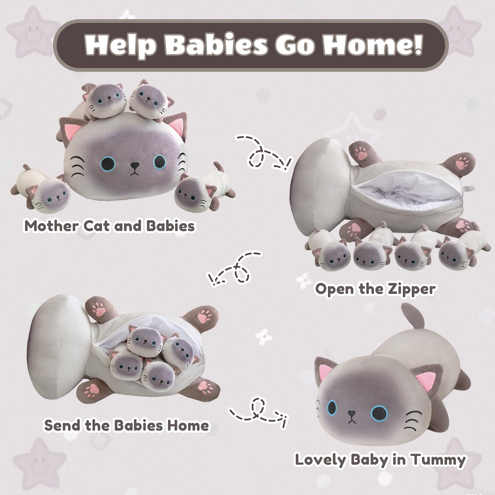 Close-up of SQEQE Siamese Cat plush face highlighting the cute expression