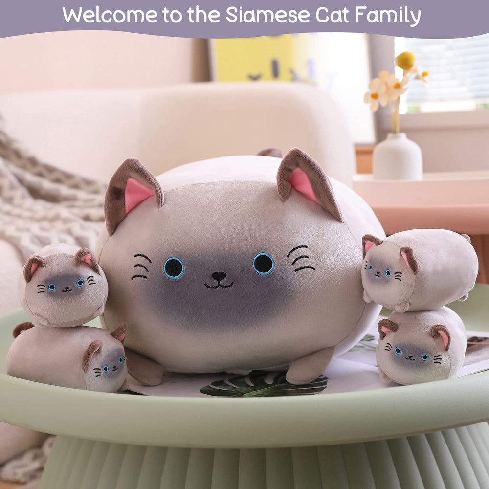 SQEQE Siamese Cat Plush with removable kittens for imaginative play.