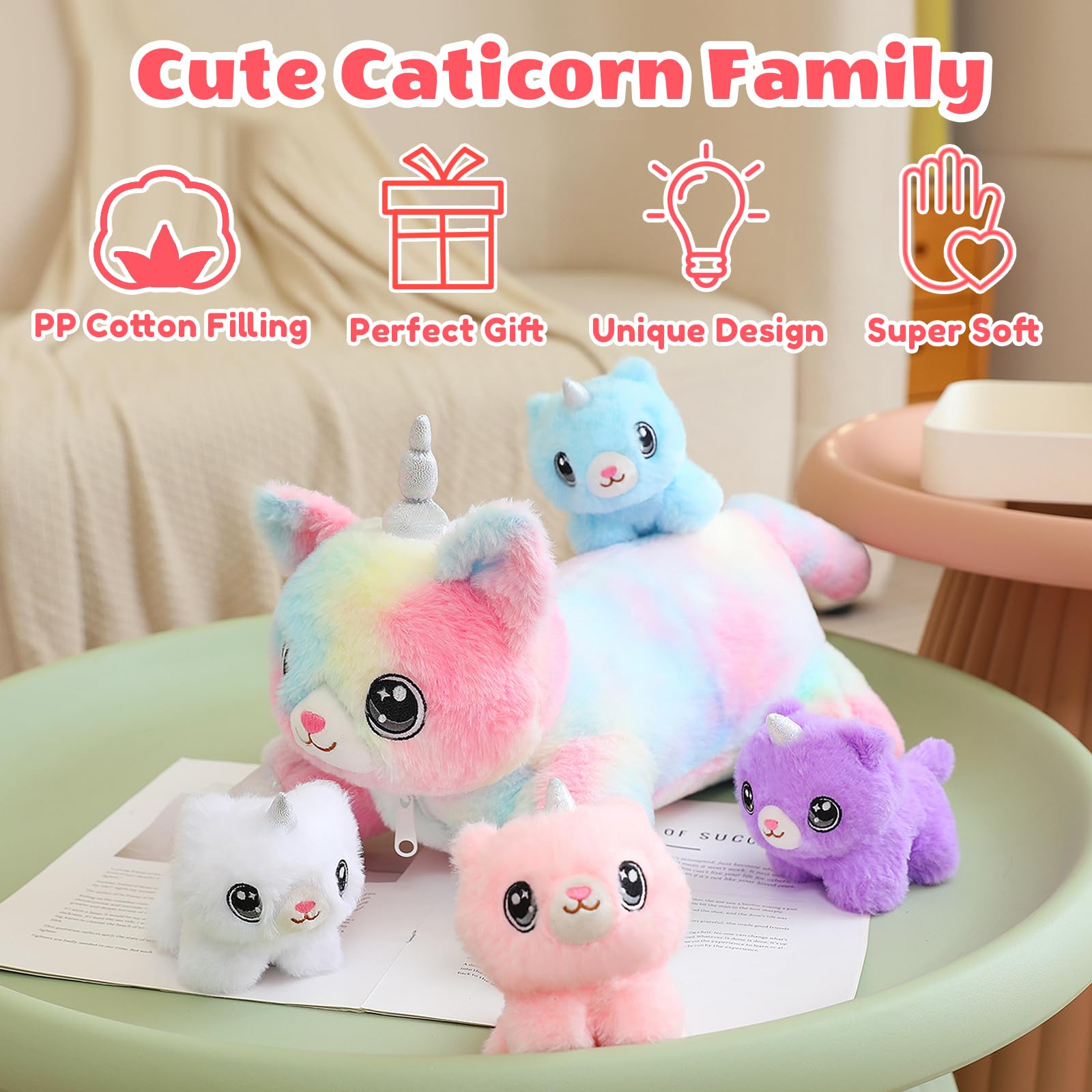SQEQE unicorn cat plush vacuum-packed; air out to fluff.