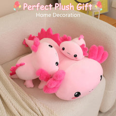SQEQE weighted axolotl plush displayed on a bed or sofa as cozy decor