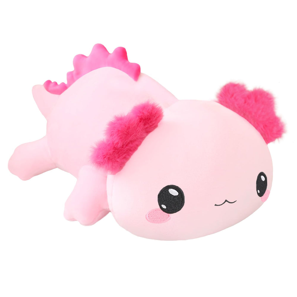 SQEQE weighted axolotl plush front view showing soft pink material and inviting cuddle