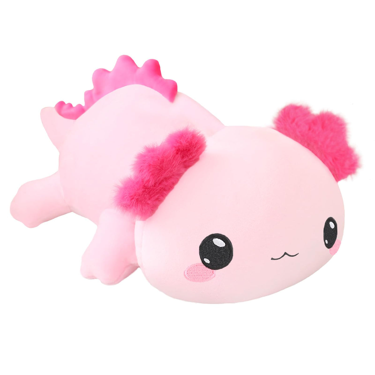 SQEQE weighted axolotl plush front view showing soft pink material and inviting cuddle