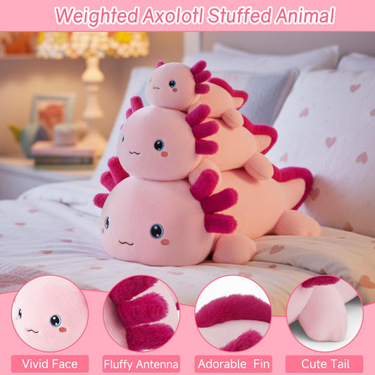 SQEQE weighted axolotl plush with a smiling face and frilly gills