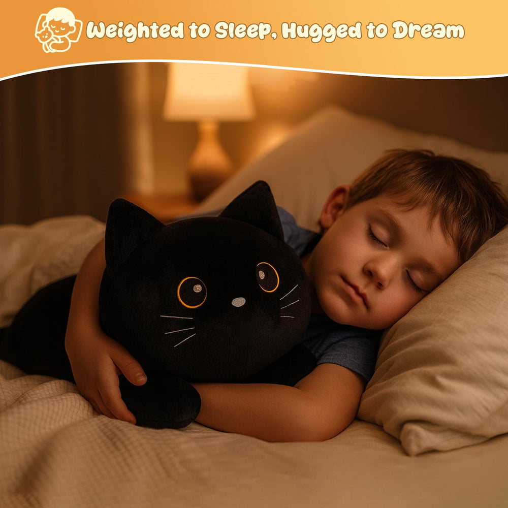 SQEQE weighted black cat plush beside bedtime scene for cozy rituals.