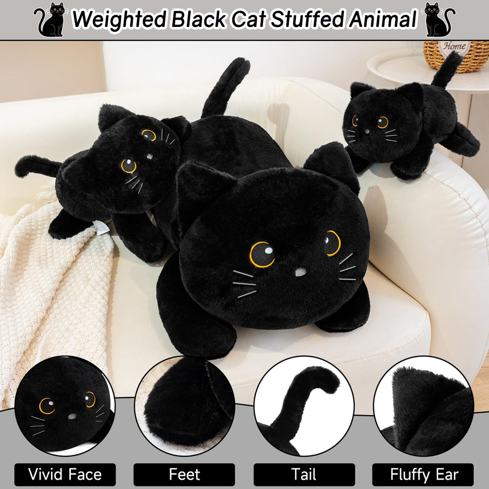 SQEQE weighted black cat plush close-up eyes highlight stitching.