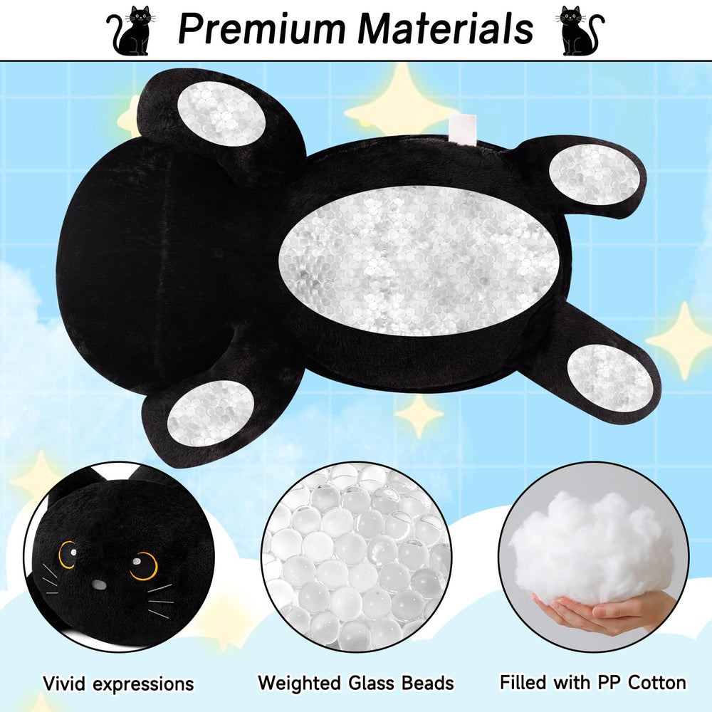 SQEQE weighted black cat plush gift-ready packaging for holidays.