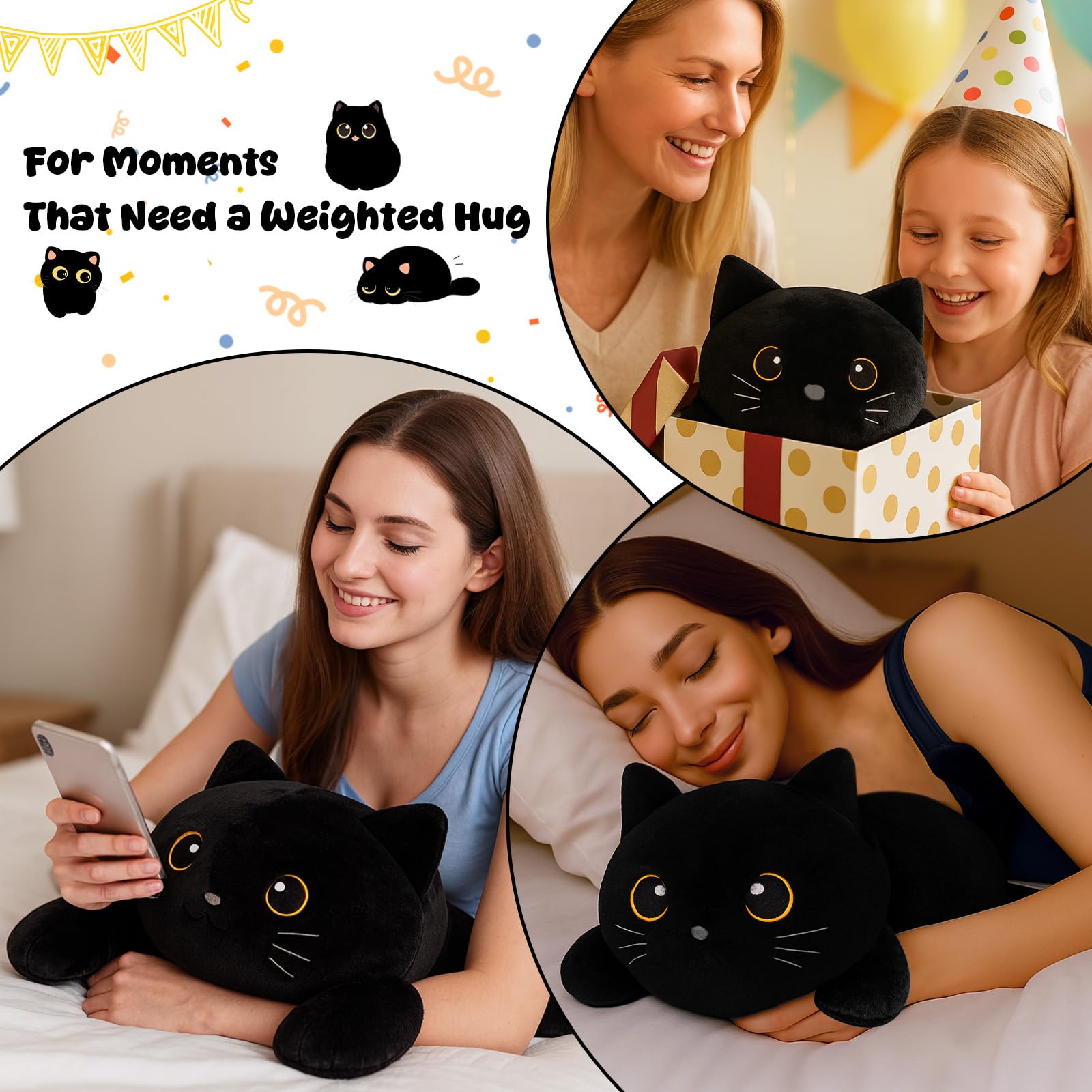 SQEQE weighted black cat plush on bed for nighttime comfort.