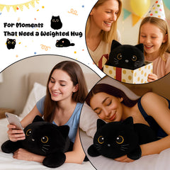 SQEQE weighted black cat plush on bedside for bedtime ritual.