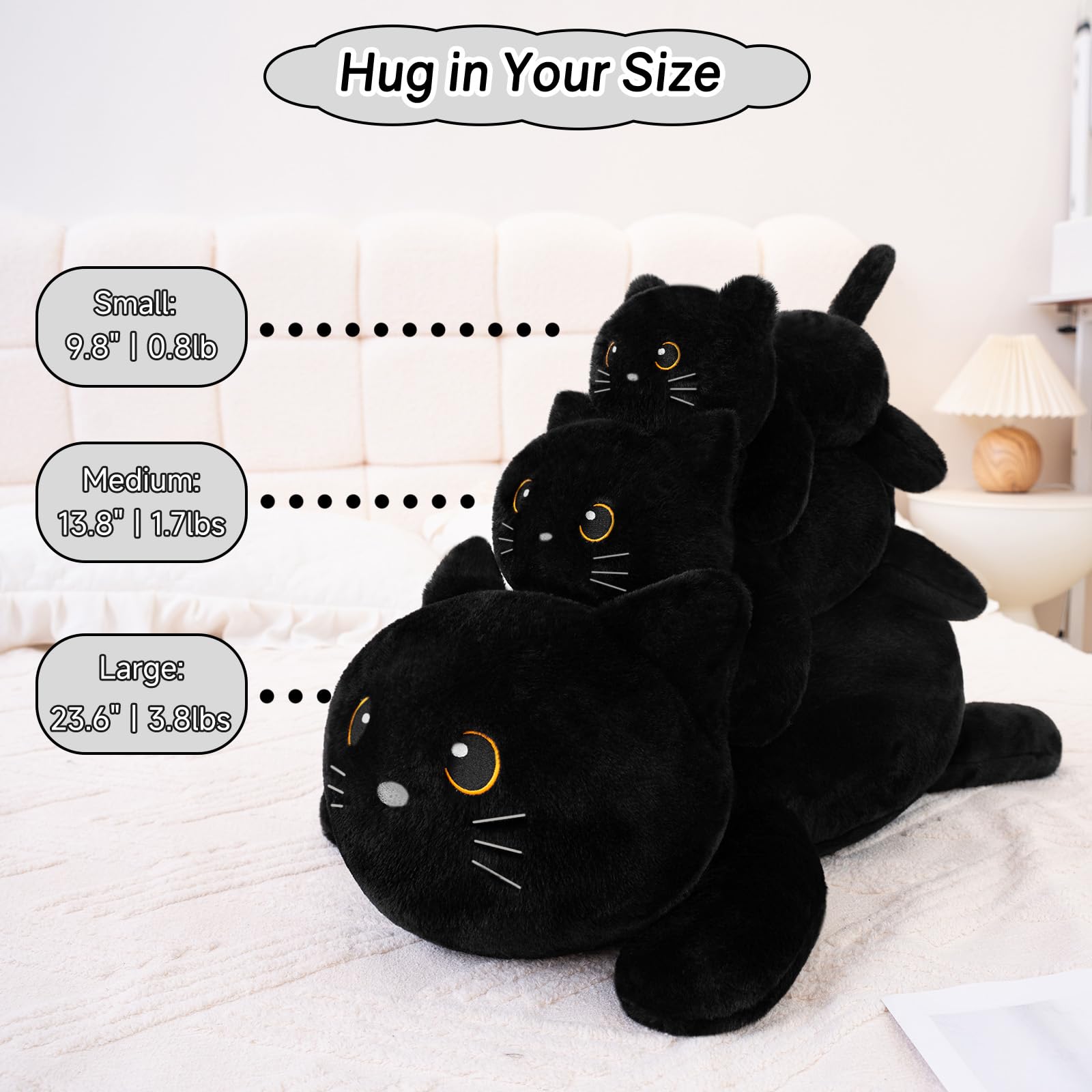 SQEQE weighted black cat plush textured fabric feel for cozy snuggles.