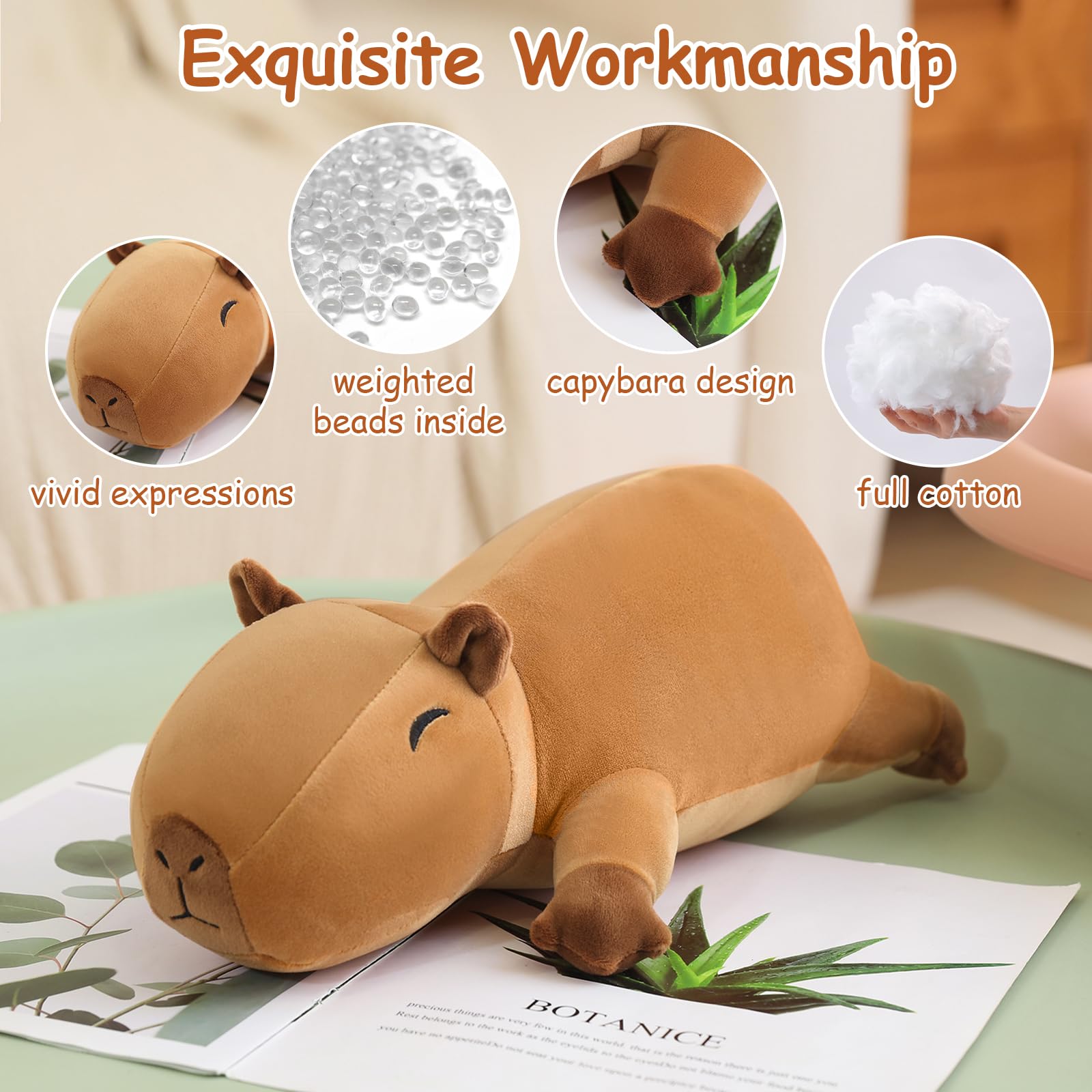 SQEQE weighted capybara plush on sofa, a cozy decor accent and comforting companion