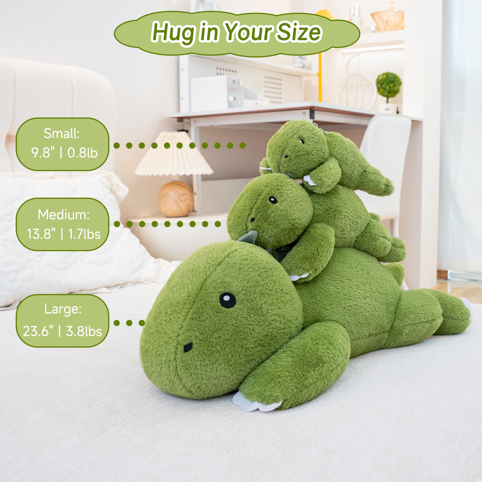 SQEQE weighted dinosaur plush resting on a couch for soft decor