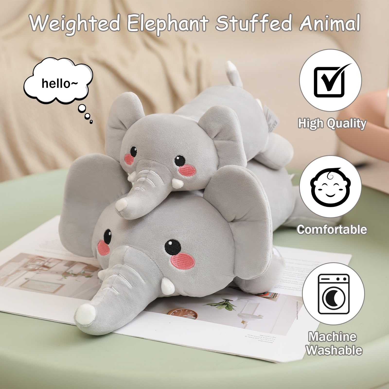 SQEQE weighted elephant plush 13.8-inch size as a soft reading companion