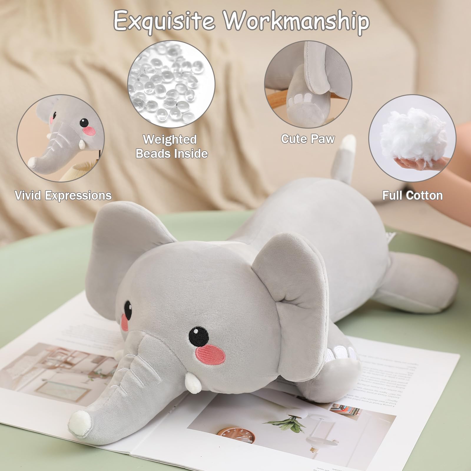 SQEQE weighted elephant plush 23.6-inch scale acts as cuddly pillow