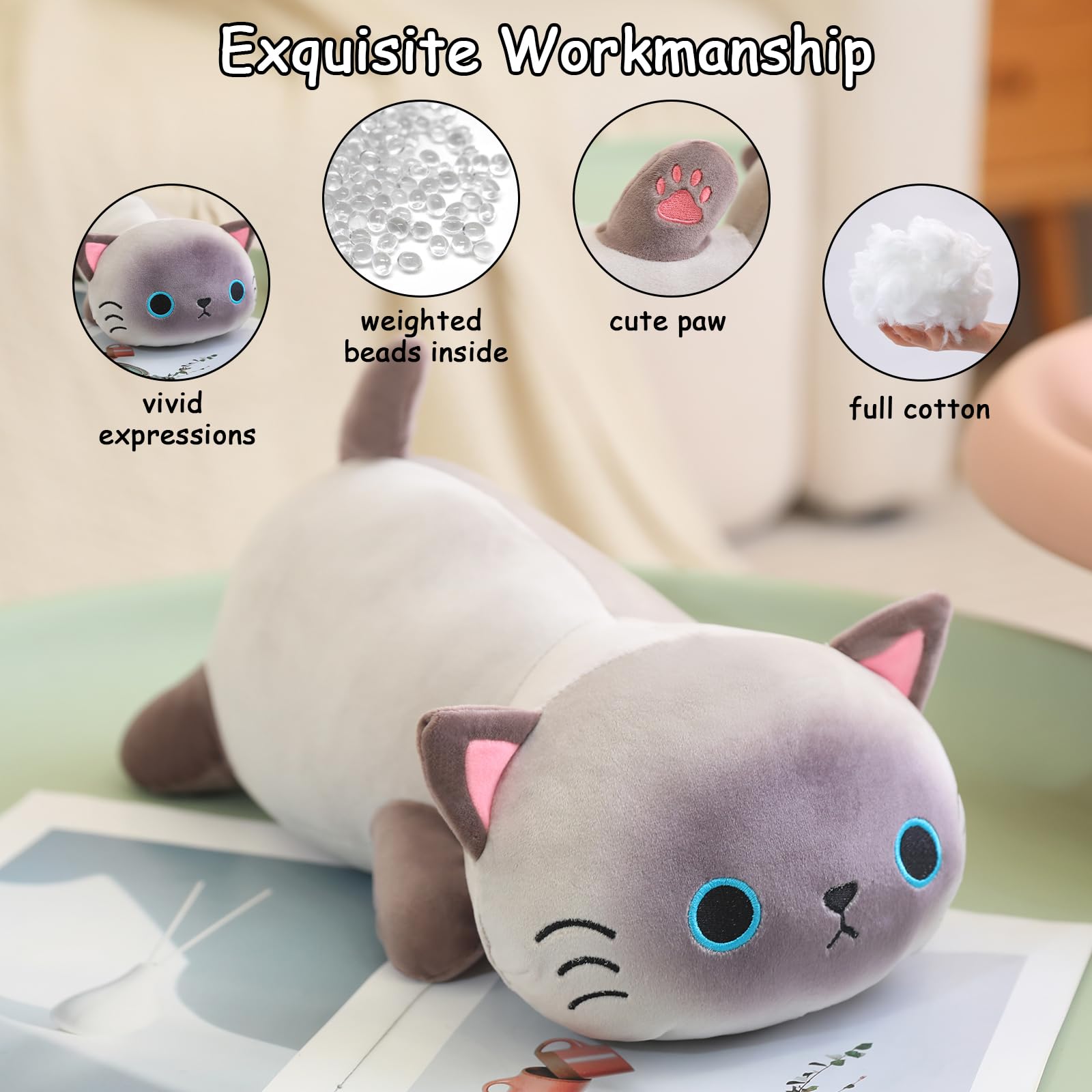 SQEQE weighted Siamese cat plush on sofa showcasing soft decor and cuddle-friendly design