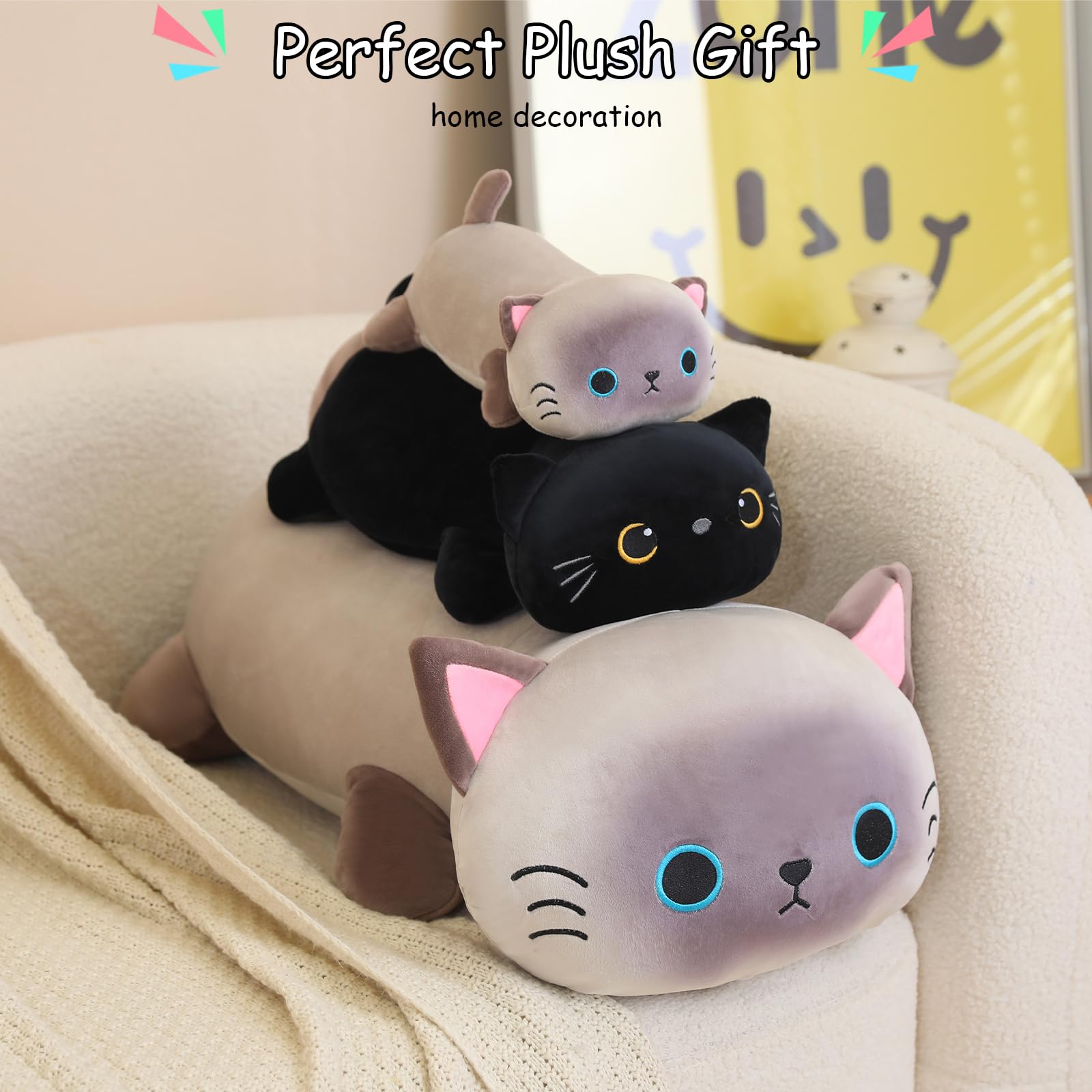SQEQE weighted Siamese cat plush on sofa for lounging and play