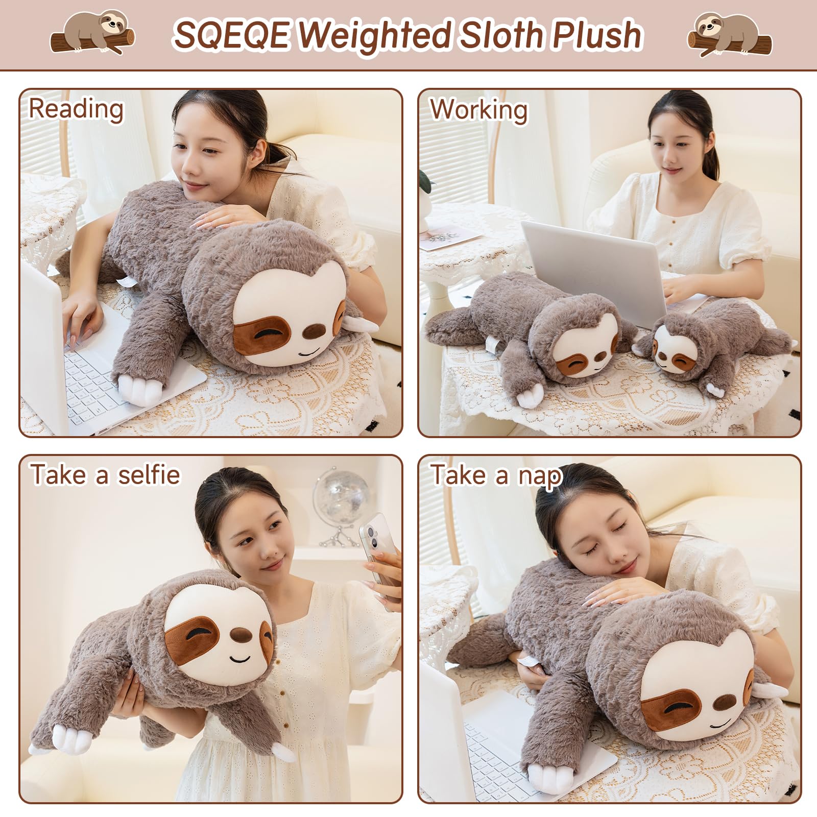 SQEQE multi-size sloth plush options for pocket, sofa, or giant hug