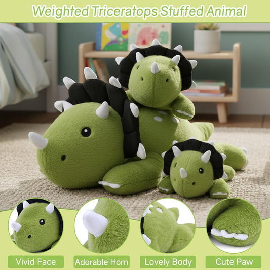 SQEQE weighted Triceratops plush side view for comforting lap time.